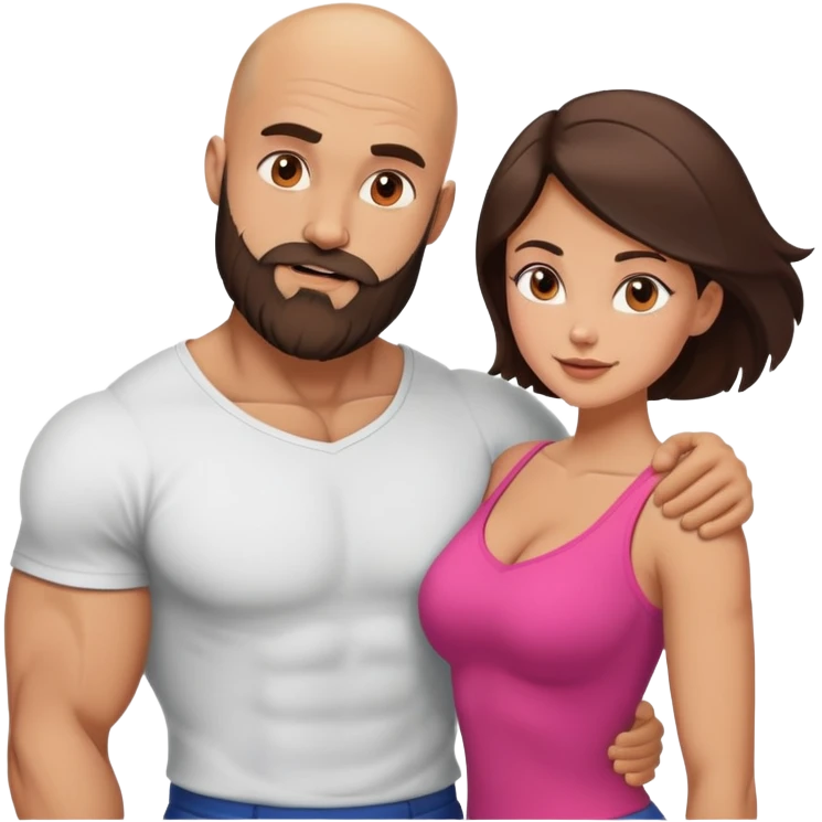 Muscular Bald man with a beard crazy in love with his young brunette wife  emoji