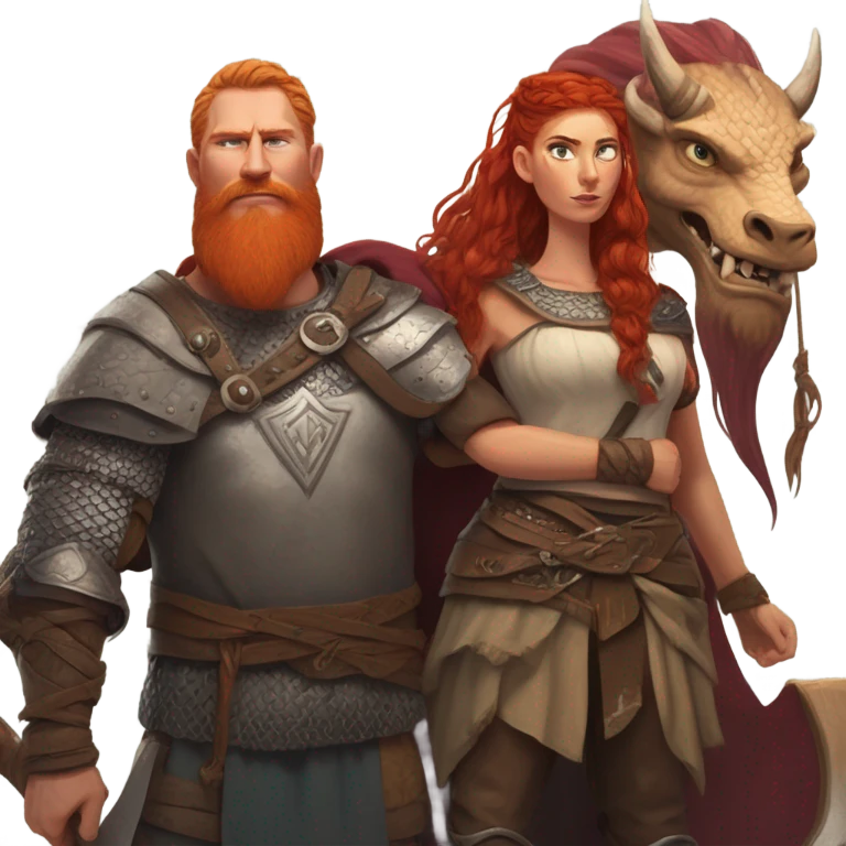 Viking red head beautiful  dragon  queen with a killed Viking solder with a man bun laying down on a dragon  emoji