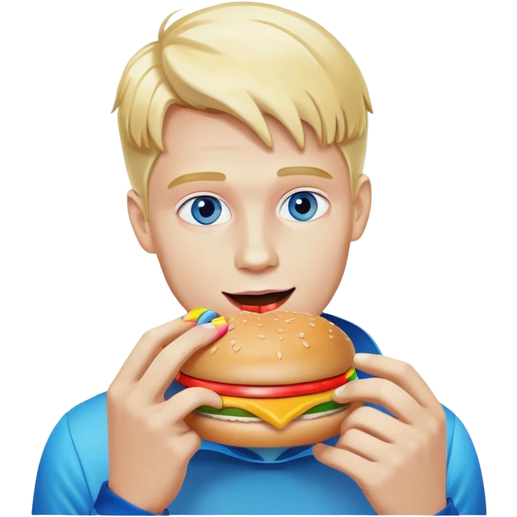 Blonde man with white skin and blue eyes eating a McDonald's hamburger, rainbow LGBT colors emoji