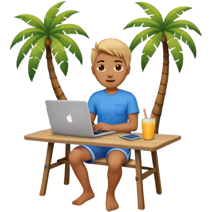 A gender-neutral emoji-style character (🧑‍💻) sitting at a small table with a laptop on the beach, palm tree and sea behind emoji