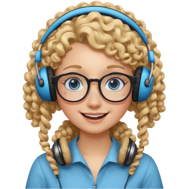 blond kid with unique face features and very curly hair kid girl happy and big glasess and big nose and very blue eyes with freckles kind of nerd looking and headphone wearing emoji