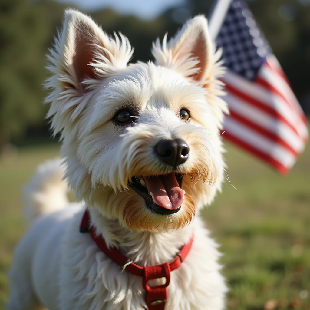 photorealistic Westie dog waving a US flag outdoors on a sunny day with realistic lighting and natural fur texture emoji