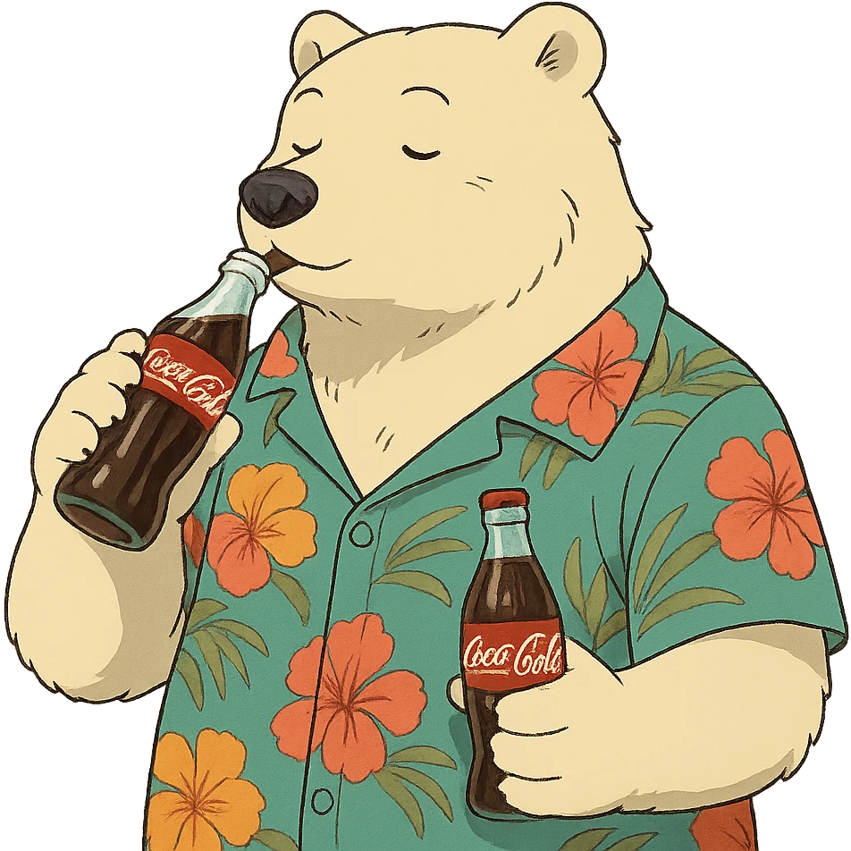 ghibli style polar bear in a Hawaiian shirt with Coke bottles, drinking Coca-Cola emoji
