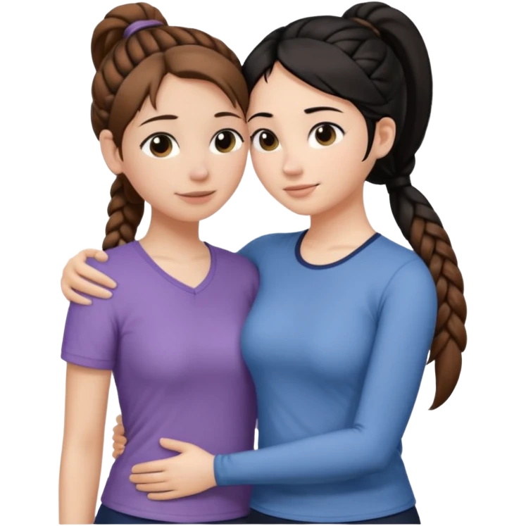 Comforting Hug two white skin women, one shorter woman with brown hair in simple top ponytail, not braided, and one taller woman with black hair in long side braid emoji