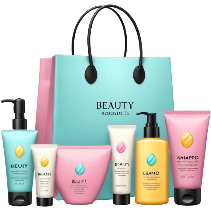 Gift bag with beauty products (shampoo, creams, styling products), a gift bag is beautyful open box with luxury brand-labeled beauty products standing nearby emoji