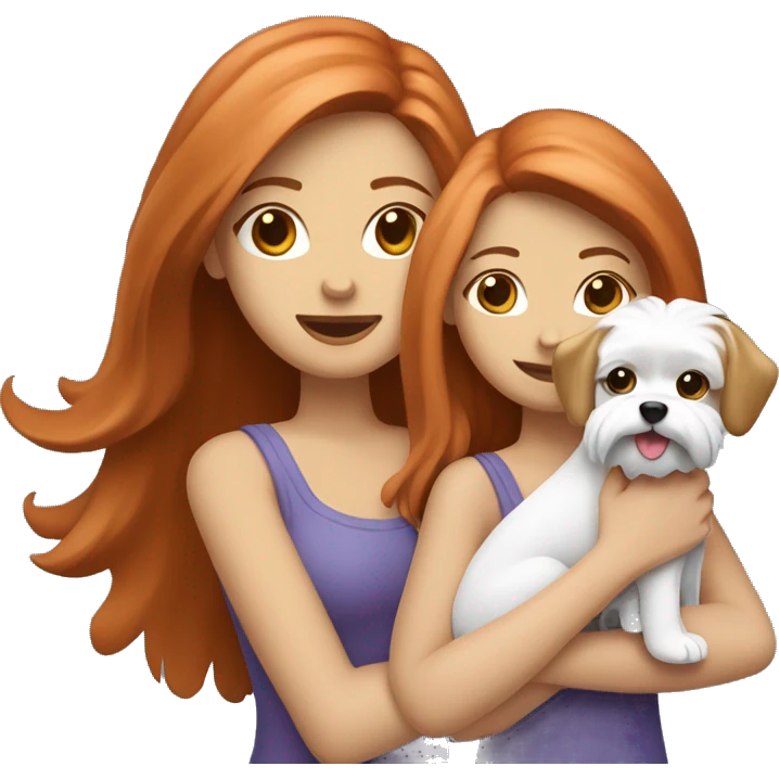 two girls, one brunette and the other blonde, are holding a red-haired maltese dog emoji