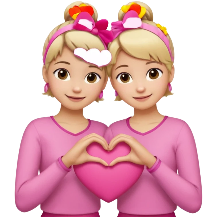 Two best friends making a heart shape with their hands together. One of them has blond hair which is shorter and the other has brown hair tied up. They are both wearing pink outfits. emoji