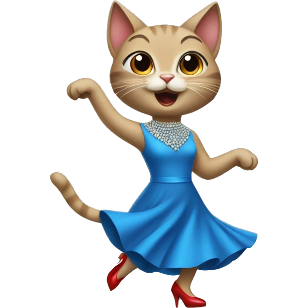 Cat dancing in a blue dress with diamond red heels emoji