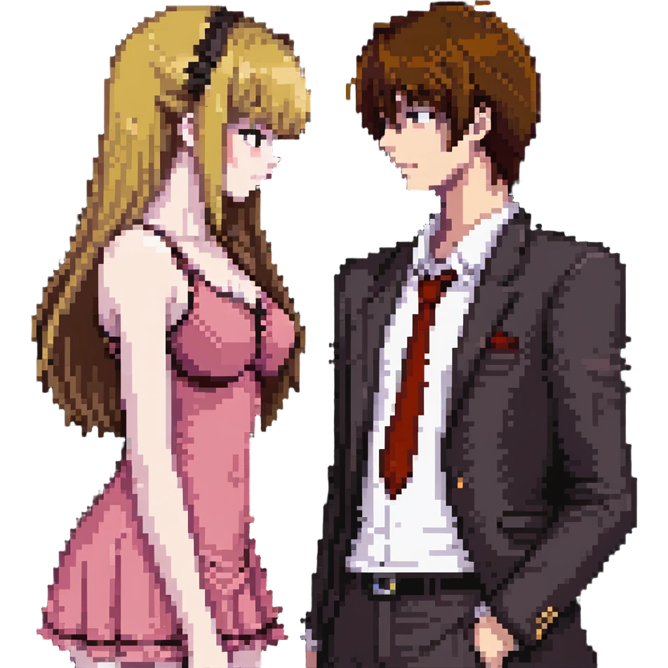Light Yagami and Misa Amane in a bed, intimate atmosphere, pixel art style emoji