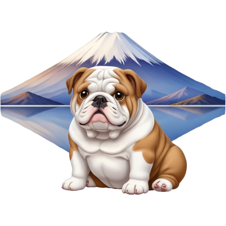 English bulldog sitting and waiting, looking at Mount Fuji emoji