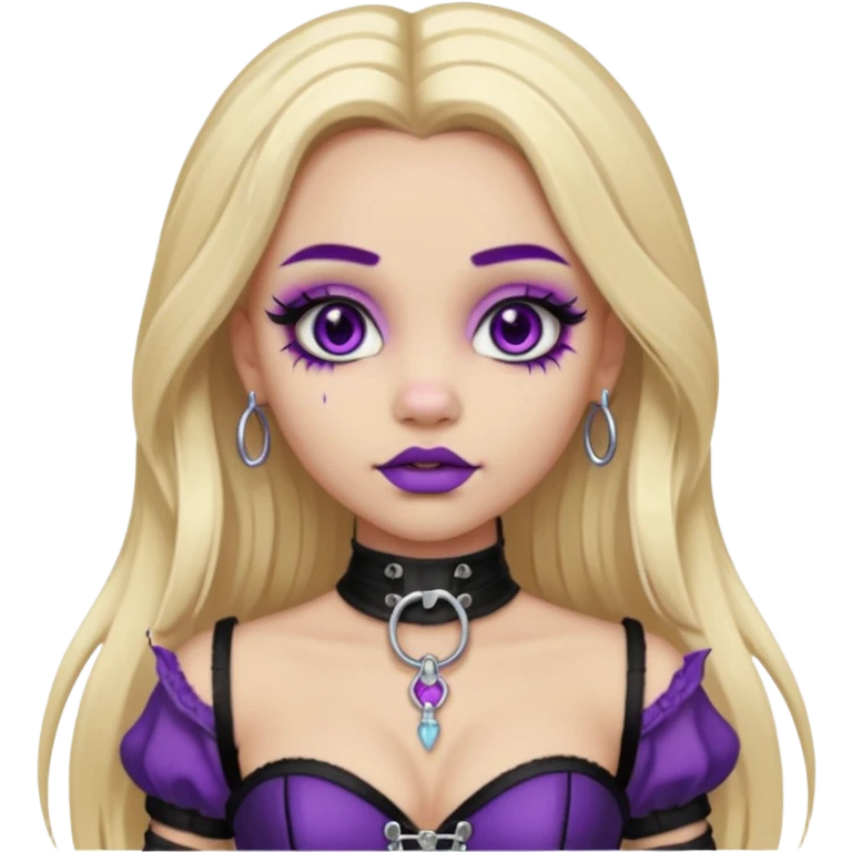 Ai light skin girl , who has straight long length blonde hair with heavy purple streaks , hazel eyes , and doll like makeup , with a septum piercing, in a black corset emoji emoji
