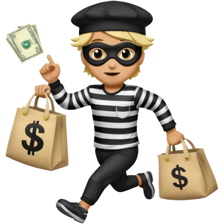 running emoji of a classic burglar, a black eye mask (looks like a blindfold) and a black-and-white striped shirt. emoji-like hair, black hat, ONE bag of money 💰 with a dollar sign in a hand emoji