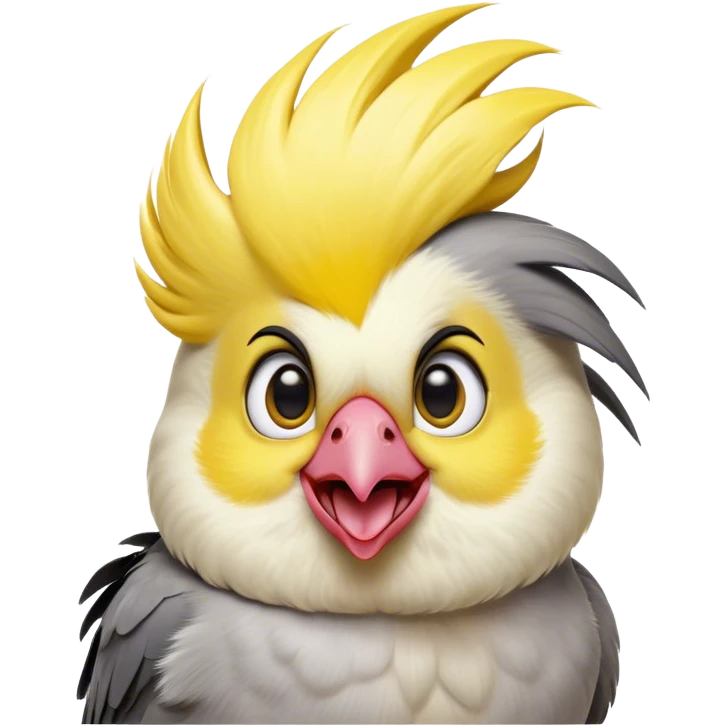 Cinematic Comical Cockatiel Portrait Emoji, Head tilted dramatically with an exaggeratedly amused expression, featuring a striking grey fur with bold yellow accents and a flamboyant crest, wide, expressive dark eyes filled with playful disbelief, Simplified yet hilariously expressive features, highly detailed, glowing with a slightly sassy glow, high shine, dramatic yet playful, stylized with an air of cheeky mischief, bright and endearing, soft glowing outline, capturing the essence of a spirited and over-the-top cockatiel, so meme-worthy it feels like it could side-eye its way into internet fame instantly! emoji