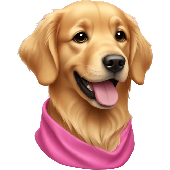 Golden retriever wearing pink emoji