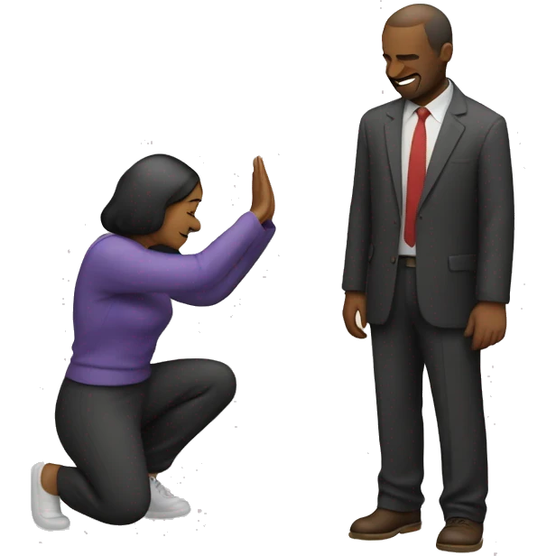Woman bowing, man saying ok behind emoji