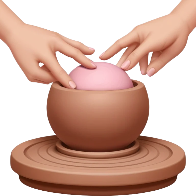 one hand centering a pink ball of clay on an empty pottery wheel, pressing down with palm to center it emoji