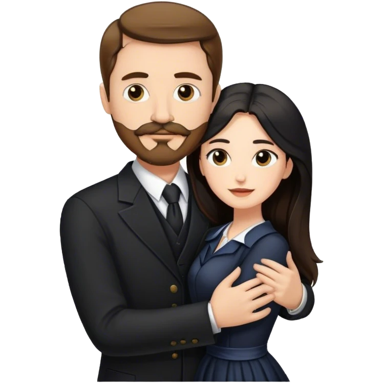tall white man with brown hair goatee mustache hugging a pale woman with long black hair, wearing formal clothing emoji