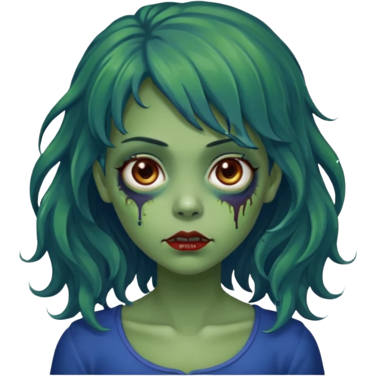 faça uma menina zumbi verde bonita com um cabelo ondulado, olhos castanhos-avermelhados e que metade da franja seja azul escuro e o a outra metade e resto do cabelo sejam castanho escuros emoji