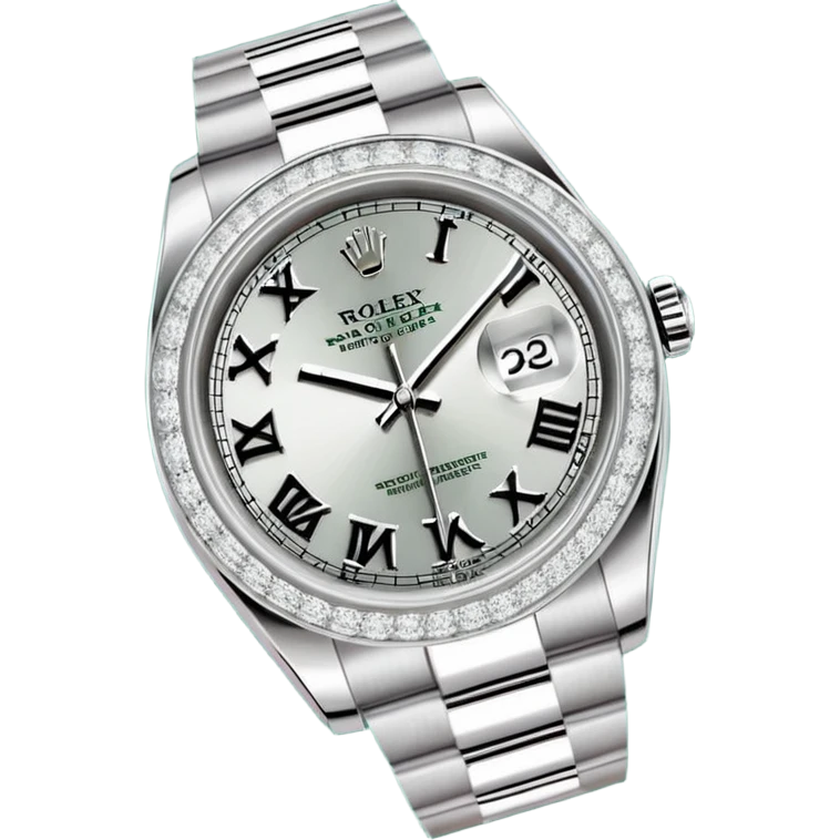 "Flat design emoji icon of a luxury silver Rolex Datejust watch, fully iced out with diamonds on the case and Jubilee bracelet, diamond pavé dial with black Roman numerals, isolated on a green circular background, clean vector style, high resolution." emoji