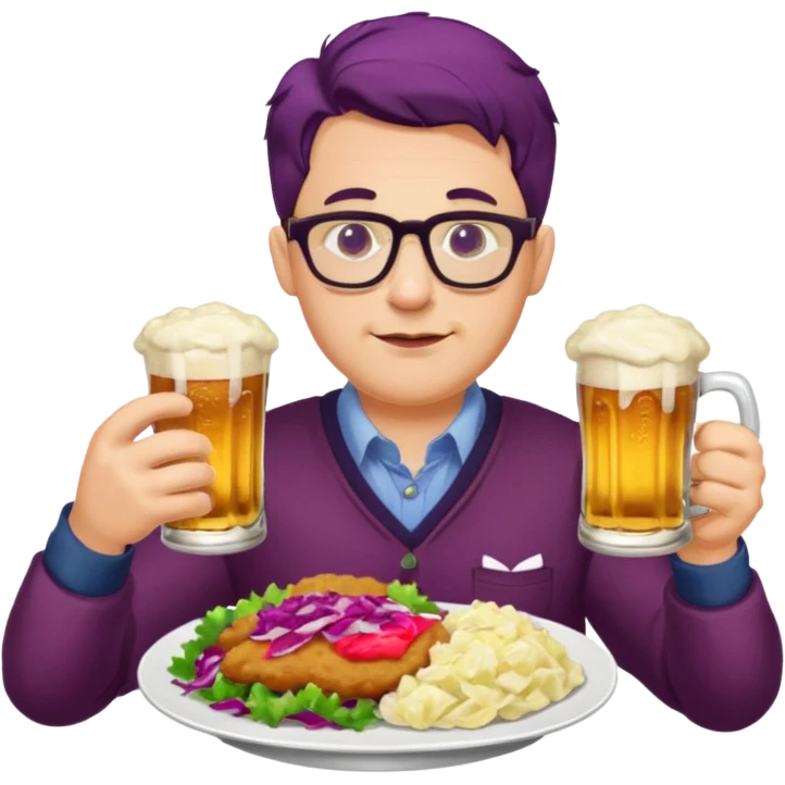Man with glasses german eating schnitzel, red cabbage, sauerkraut, potato salad, and beer emoji