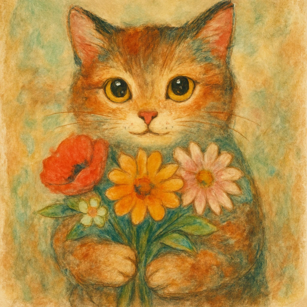 a cat holding flowers, diverse artistic styles, style 3 emoji