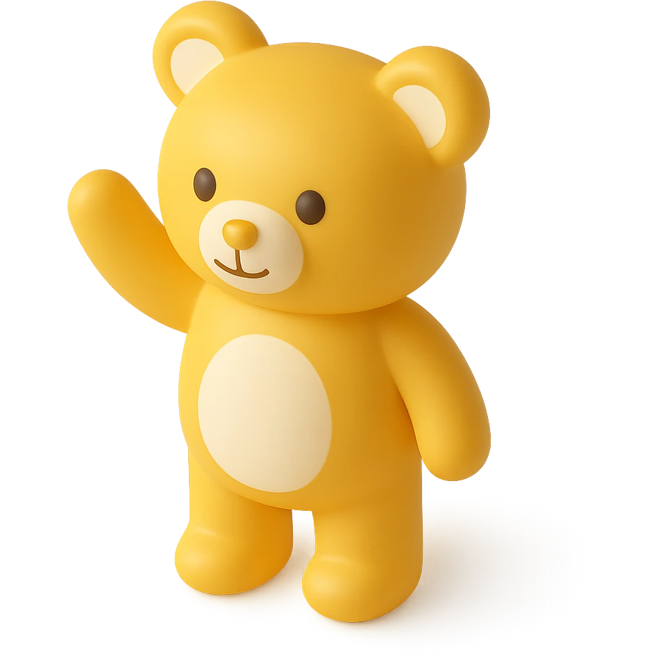 3D yellow toy bear, standing, waving emoji