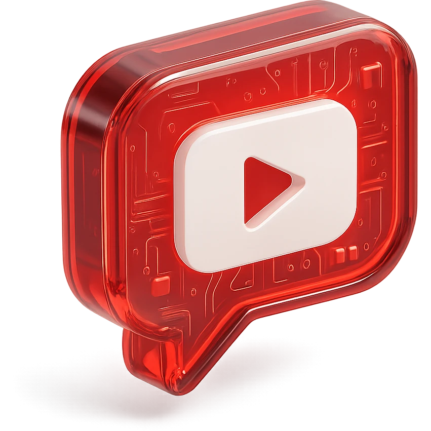 red speech bubble with inside a big red YouTube white play button, very glossy circuit style, white emoji