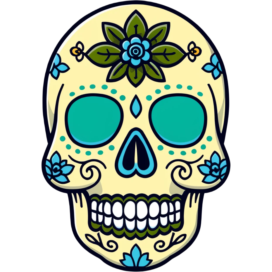 decorated sugar skull in Milwaukee Bucks team colors (dark green, cream, and light blue) emoji