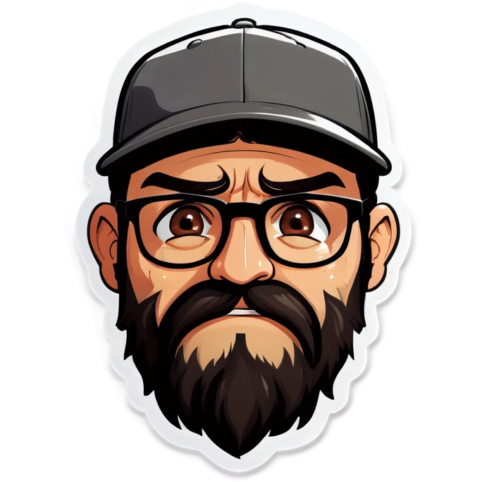 A man with a grey baseball cap, hazel eyes, big dark brown beard and glasses, crying with tears emoji