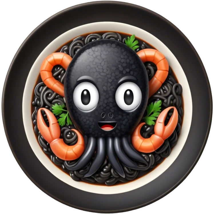 Cinematic Realistic Black Risotto Dish Emoji, showcasing a rich squid ink-infused risotto rendered with bold textures and dynamic, dramatic lighting. emoji
