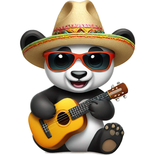 happy panda wearing sunglasses and a sombrero playing ukulele emoji