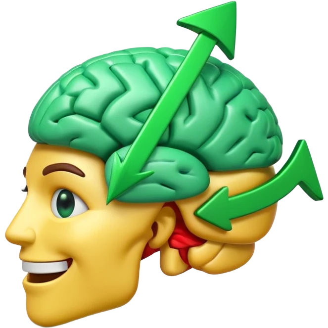3d emoji brain with rising green arrow graph inside emoji