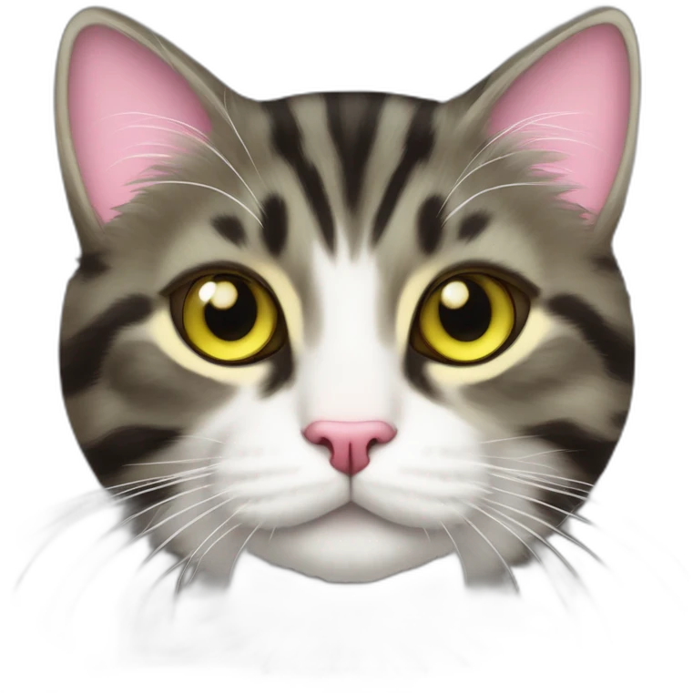 cat Tabby (Mainly black and dark brown) fluffy cat pink-nose light-green&yellow-eyes,-white-long-whiskers,-white-spots-near-the-nose,sharp chin.,long ears,sharp of the eyes emoji