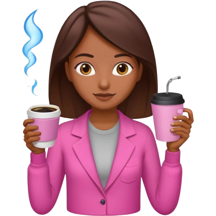 Mulher morena tomando café  com roupa rosa esfriando o café  emoji