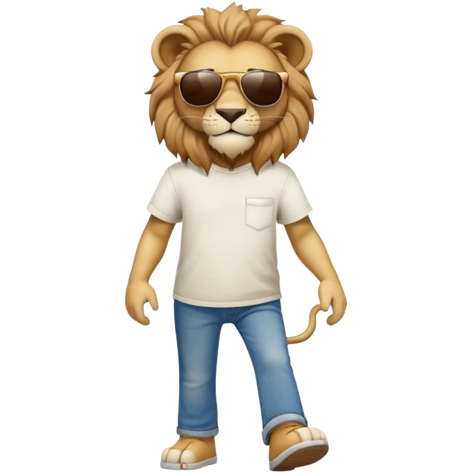 anthropomorphised lion in t-shirt and jeans with sunglasses walking upright, relaxed pose emoji