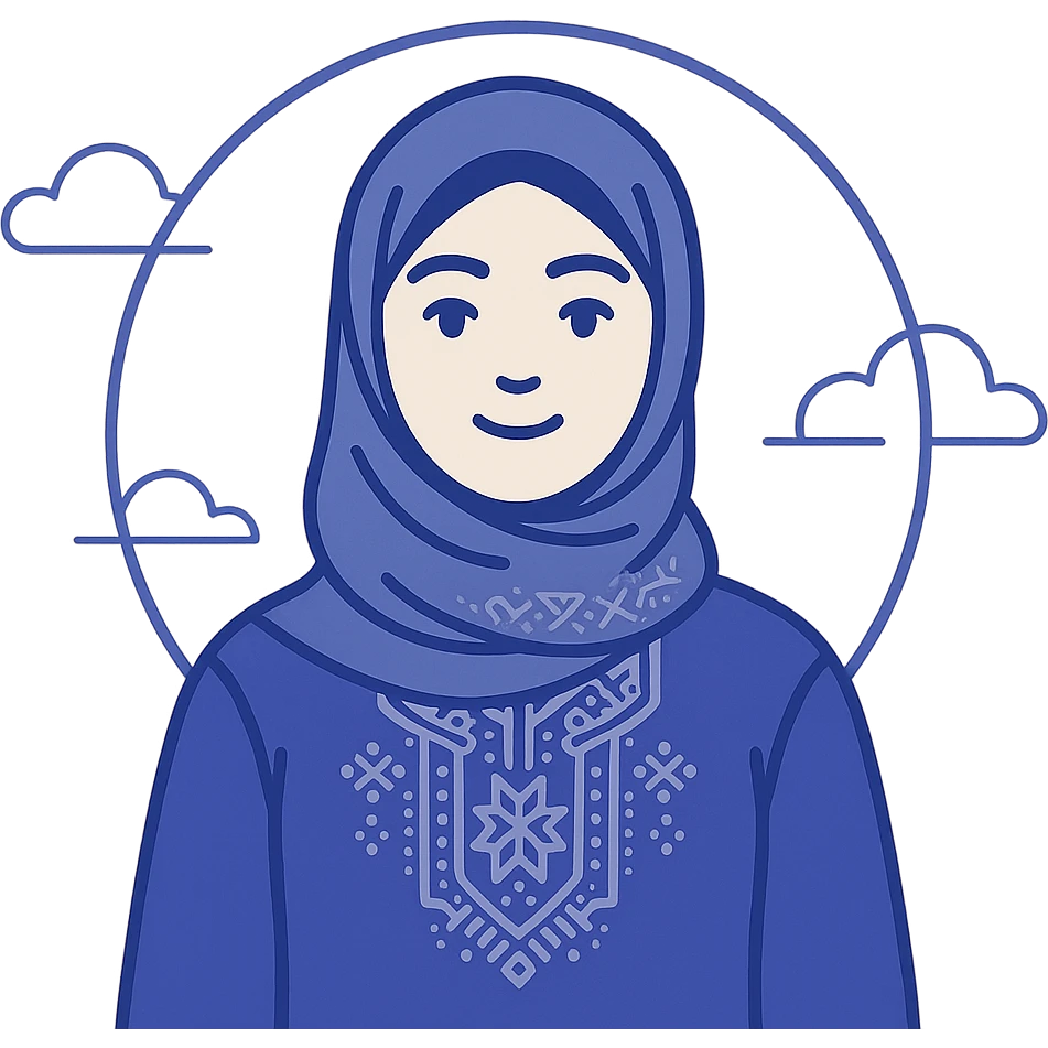 modern digital avatar of an Algerian woman, friendly expression, clean minimalist cartoonish style, subtle Algerian elements or traditional patterns integrated in a tech-inspired way, inside a circular frame with a smooth glowing effect, suitable for profile assignment, square format emoji