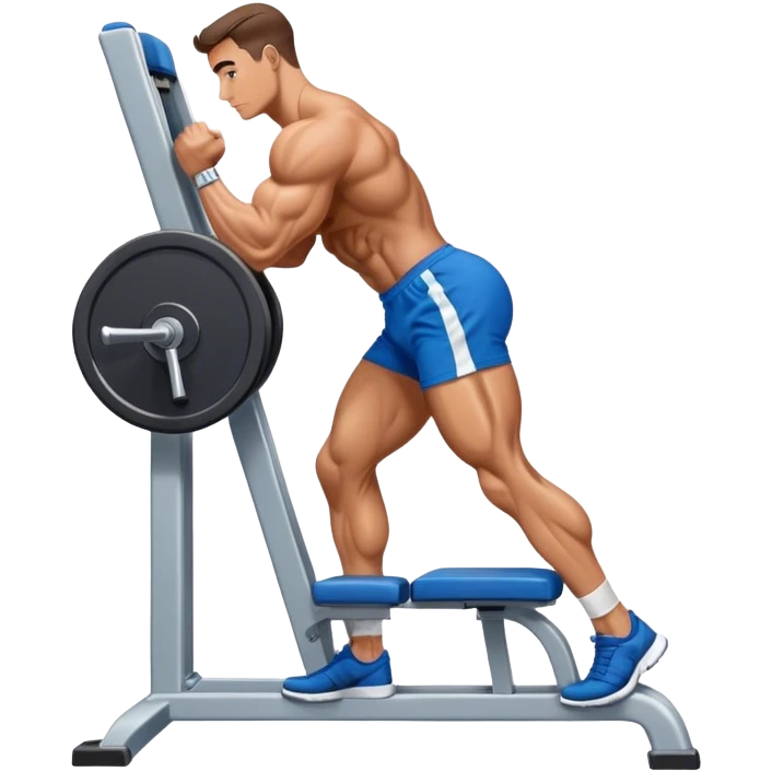 side-view bodybuilder in blue shorts seated weighted calf-raise machine on his tip toes emoji