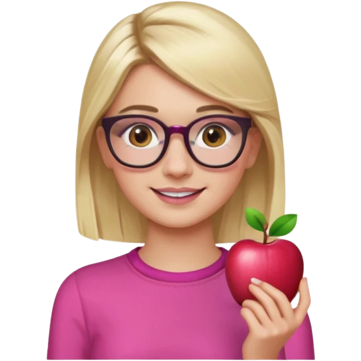 Chanel Oberlin, blonde hair, brown eyes, glasses, acne, dark eyebrows, pink outfit, apple emoji style emoji