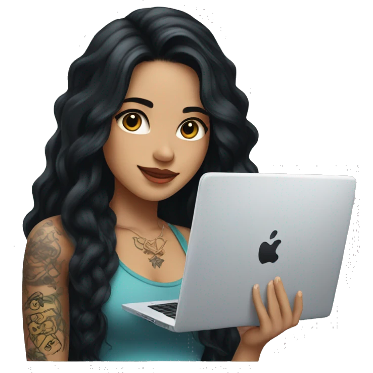 beautiful girl, with arm tattoos, with long black hair, wavy hair, chinese, with laptop emoji
