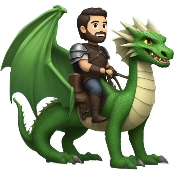 Determined armored White Man with dark brown pompadour hair and a short beard riding on the back of a giant green dragon emoji
