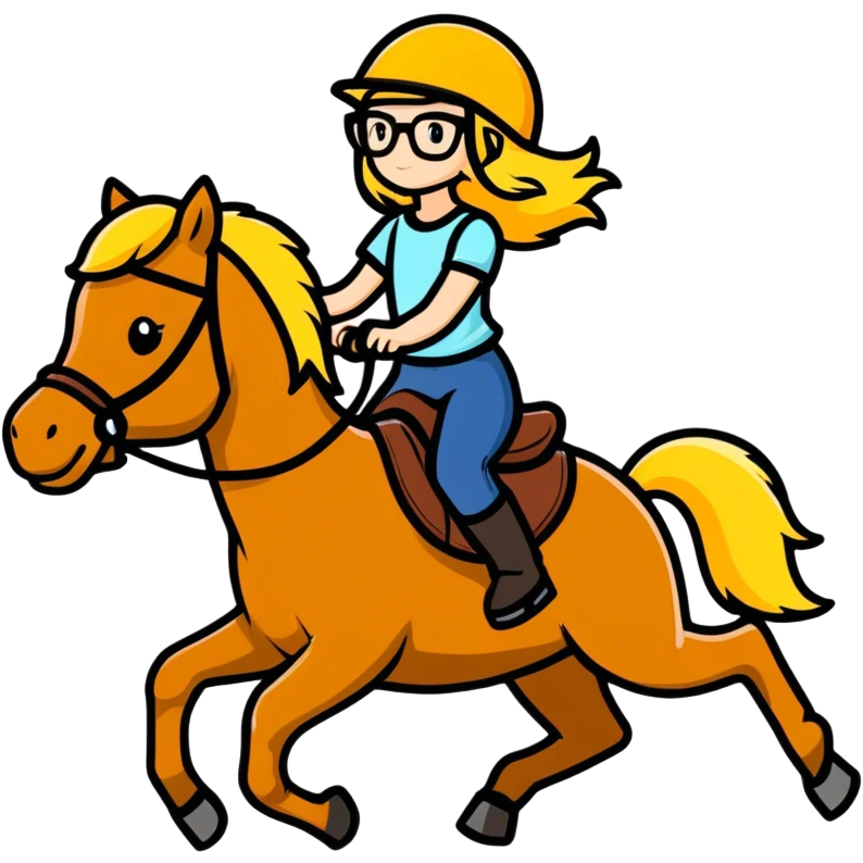 Blonde haired girl riding a dark horse wearing glasses and a helmet emoji