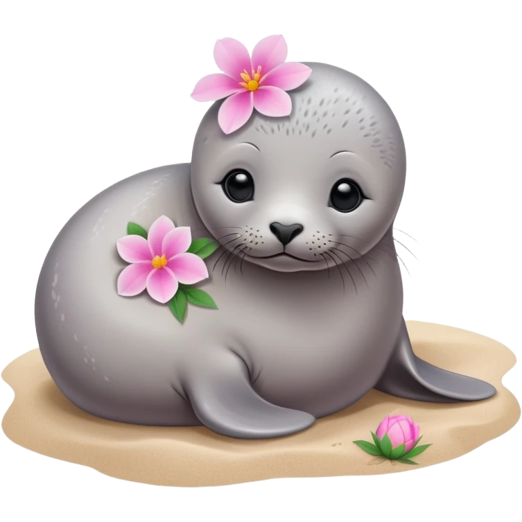A grey small, slim baby seal resting gracefully on a sandy beach, with a delicate pink flower placed on its head.   emoji