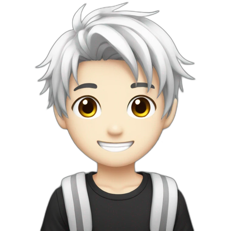 anime boy cartoon smiling with black haircut and black and white t shirt emoji