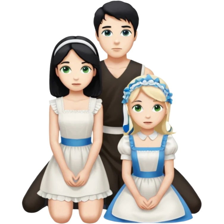 Prince, standing, black hair, blue eyes, and maid, blonde Hair, green eyes, white short sleveless dress, kneeling  emoji