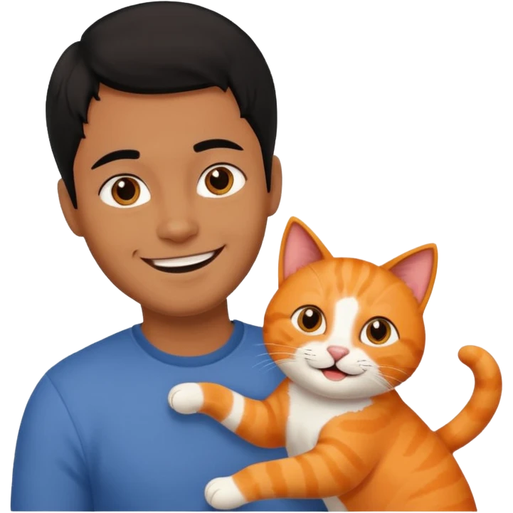 Brown guy with black hair playing with orange cat emoji