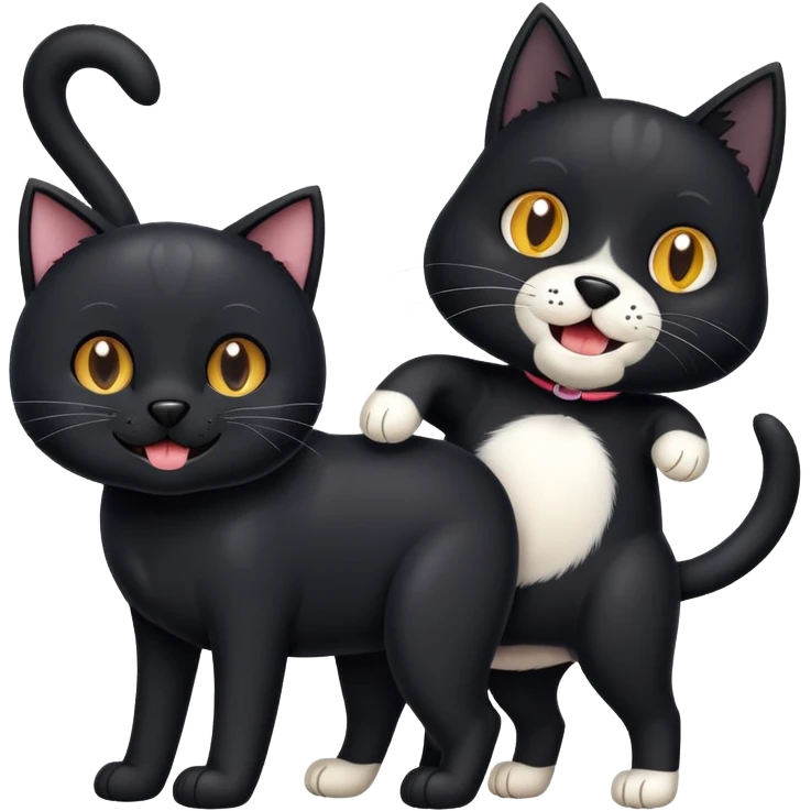 Un chien noir au pattes et ventre blanc qui est avec un ami avec un chat noir qui a lui même une dent qui ressort  emoji