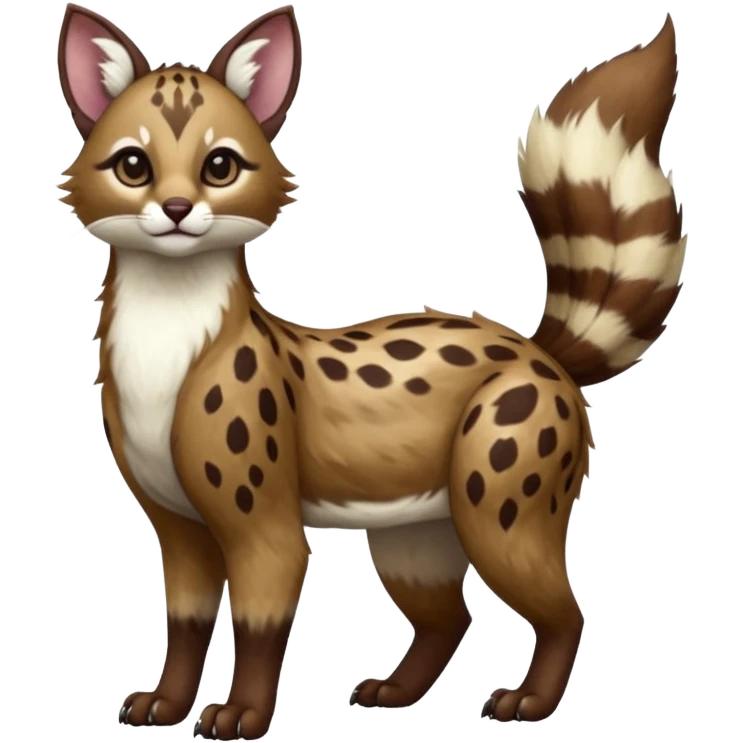 Colorful dark realistic chocolate-brown tropical beige fur glorious divine exotic cute cool beautiful shiny beautiful fantasy-Furret-Eevee-caracal-civet-genet-sergal-vernid-Cacomistle-oncilla-animal-Fakémon-hybrid-fursona with white deer-spots pattern markings (full body) emoji