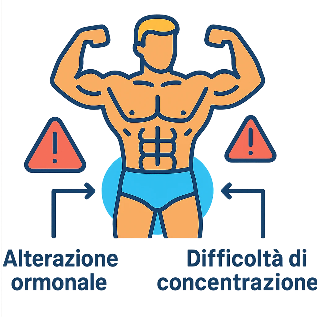 infografica in italiano, bodybuilder con zona pelvica evidenziata da alone blu, frecce che indicano Alterazione ormonale e Difficoltà di concentrazione, icone di attenzione, sfondo bianco emoji