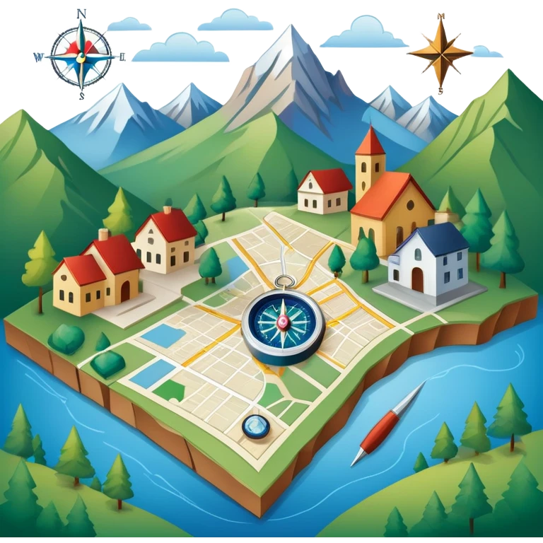 An icon featuring a local map, a compass, and regional landmarks, symbolizing local studies. The design includes a tree, mountains, and buildings, representing the unique geography and culture of a specific area. Transparent background highlights the exploration of local history and environment. emoji