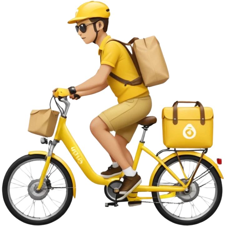 A courier on a yellow electric bike, wearing yellow and black clothes rides from left to right. On his back is a yellow food delivery bag. emoji